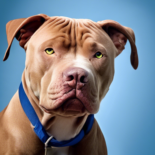 Adorable red nose pitbull with emerald eyes and stylish blue collar. Perfect addition to any loving home.